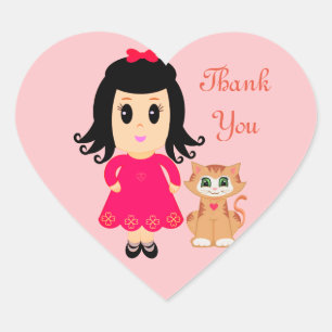 Süßes Mädchen und eine orange Katze auf rosa Danke Herz-Aufkleber