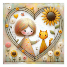 Süßes Mädchen und rote Katze mit Sonnenblumen