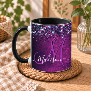 Süßes magenta-schwarzes falsches Glitter-Monogramm Tasse