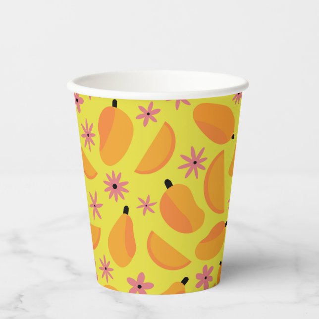 Süßes Mango-Frucht- und Blumenmuster  Pappbecher (Vorderseite)