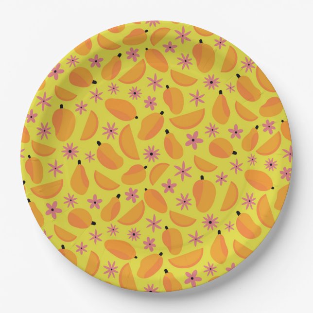 Süßes Mango-Frucht- und Blumenmuster   Pappteller (Vorderseite)