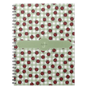 Süßes Marienkäfer-Muster Grünes Gingham Monogramm  Notizblock
