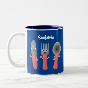Süßes Messer, Gabel und Löffel-Besteck im Cartoon- Zweifarbige Tasse