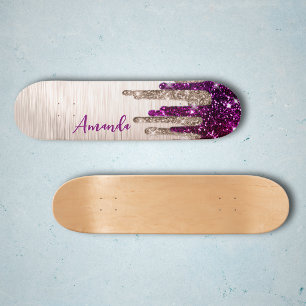 Süßes modernes rosa rotes Glitter-Tropfen-Monogram Skateboard