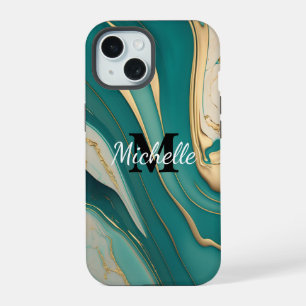 Süßes Monogramm Aqua Gold Fluid Art Marmor Ästheti iPhone 15 Hülle