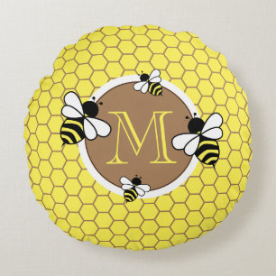 Süßes Monogramm Bienen Wabenmuster Kinderzimmer Rundes Kissen