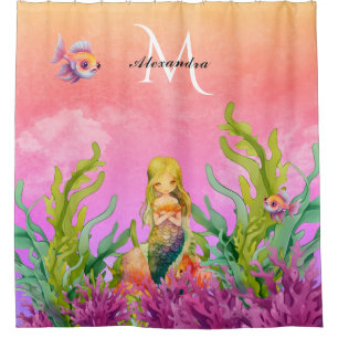 Süßes Monogramm Name Meerjungfrau Fisch Rosa Lila Duschvorhang