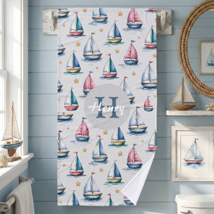 Süßes Monogramm-Wasserfarben-Segelschiff & Name Ki Badehandtuch