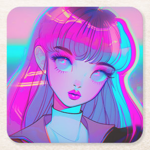 Süßes Neon-Anime-Mädchen Quadratischer Papier-Unte Rechteckiger Pappuntersetzer