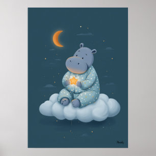 Süßes Nilpferd auf Wolken-Kinderzimmer-Bettzeit Poster