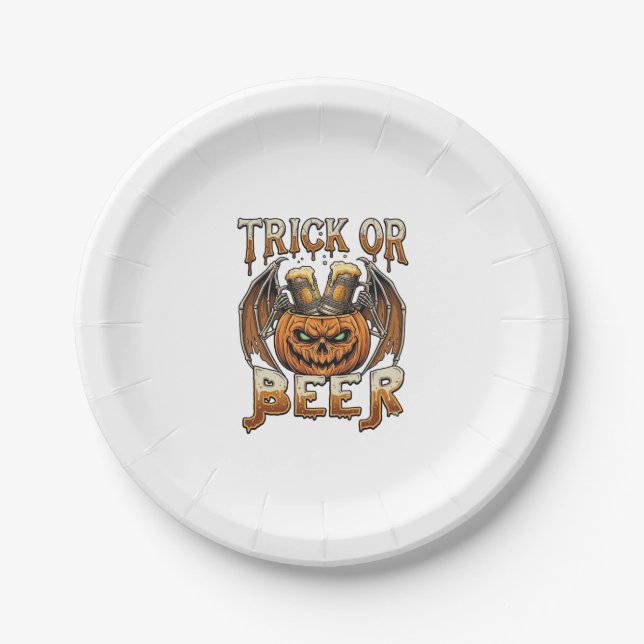 Süßes oder Bier Halloween-Kürbis-Skelett-Flügel-Ta Pappteller (Vorderseite)