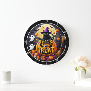 Süßes oder Saures Halloween-Katze Große Wanduhr