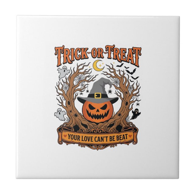 Süßes oder Saures Halloween-Kürbis-Hexenhut Grusel Fliese (Vorderseite)