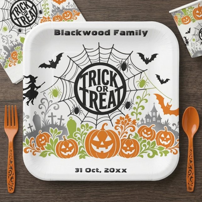 Süßes oder Saures Jack Fledermaus Halloween Botani Pappteller (Trick or Treat Jack Bat Halloween Botanical Decor Paper Plates)