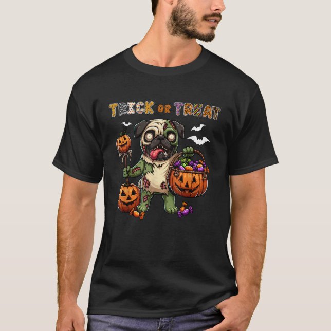 Süßes-oder-Saures-Kostüm Mops Horror Zombie Hallow T-Shirt (Vorderseite)