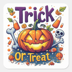 Süßes oder Saures Kürbis Candy Schädel Halloween � Quadratischer Aufkleber
