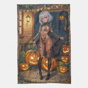 Süßes oder Saures, mutiges Halloween-Kostümmädchen Geschirrtuch
