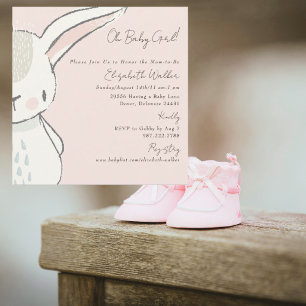 Süßes Oh Baby Mädchen Hase Rosa Quadrat Baby Showe Einladung