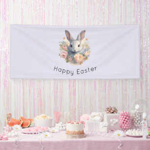 Süßes Osterhasenmotiv umgeben von pastellfarbenen Banner