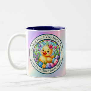 Süßes Osterküken, Blumen und bunte Eier Zweifarbige Tasse