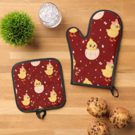 Süßes Osterküken mit rosa Schleife nahtloses Muste Ofenhandschuh & Topflappen-Set