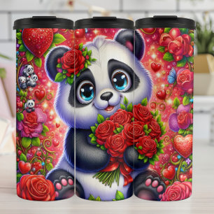 Süßes Panda-Rotes-Rosen-Sträußerbinde Thermosbecher
