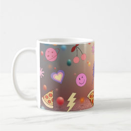 Süßes Pastell-Doodle-Muster Pizza Kirsche Smiley Kaffeetasse