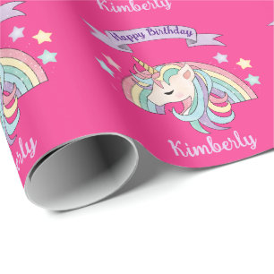 Süßes Pastell-Einhorn und funkelnder Regenbogen au Geschenkpapier