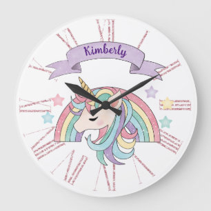Süßes Pastell-Einhorn und funkelnder Regenbogen mi Große Wanduhr
