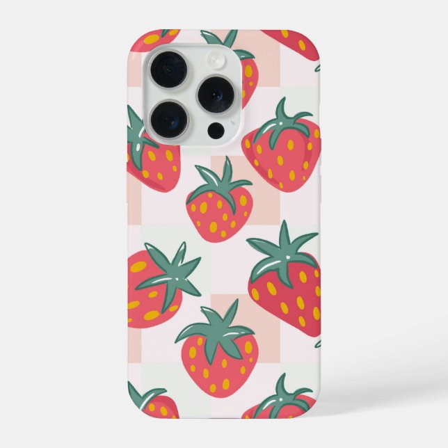 Süßes Pastell-Erdbeermuster – sanftes Gingham iPhone 15 Pro Hülle (Rückseite)