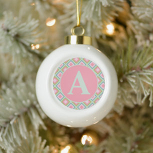 Süßes Pastell-Rosa-Blau-Grün-Monogramm-Weihnachten Keramik Kugel-Ornament