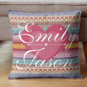 Süßes Pastell-Rosa Blaues Herz Strickmuster Kissen