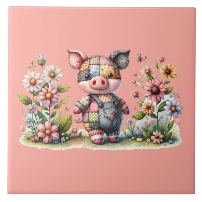 Süßes Patchwork-Ferkel im Blumen Garten Fliese (Vorderseite)
