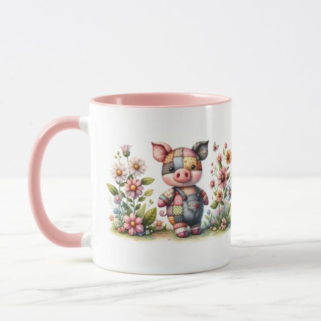 Süßes Patchwork-Ferkel im Blumen Garten Tasse (Links)