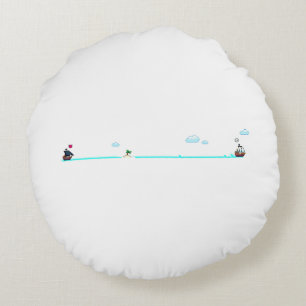 Süßes Pixel-Art-Piraten-Schiff jagt Handelsschiff Rundes Kissen