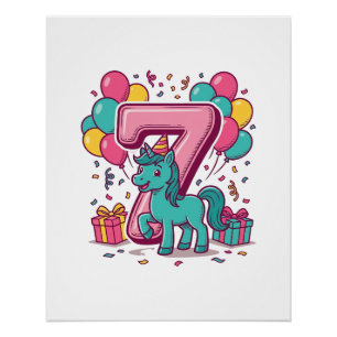Süßes Pony-Vektordesign zur 7. Geburtstagsfeier de Poster