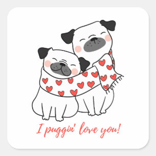 Süßes Pug-Paar mit Herzen Illustration Quadratischer Aufkleber