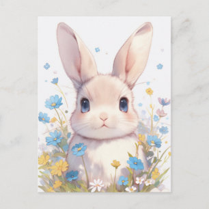 Süßes Rahmkaninchen in blauer Wildblumenwiese Postkarte