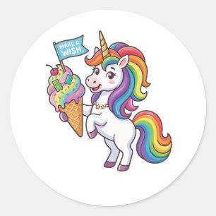 Süßes Regenbogen-Einhorn mit Eiscreme - Wünsche di Runder Aufkleber
