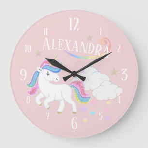 Süßes Regenbogen Glitter Einhorn Sterne und Herzen Große Wanduhr
