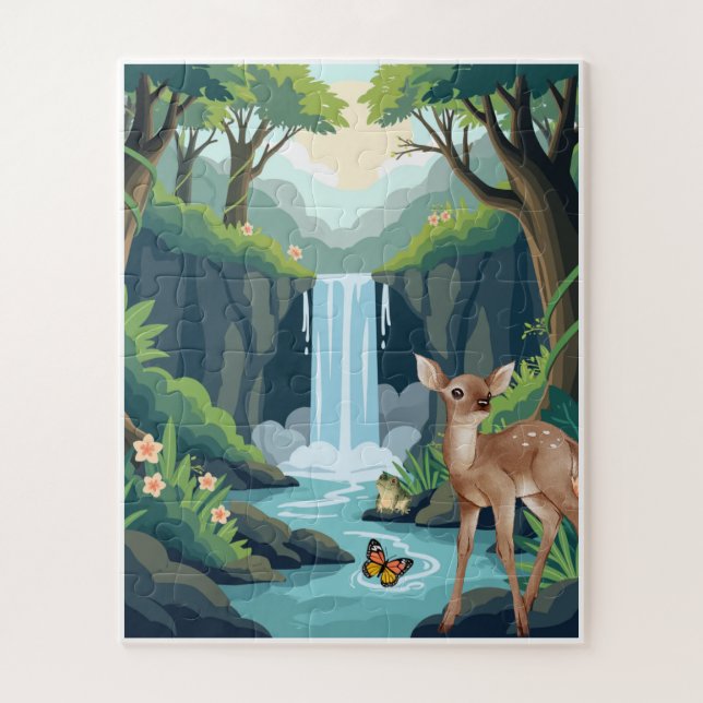 Süßes Reh und Wasserfall Wald Kinderpuzzle (Vertikal)