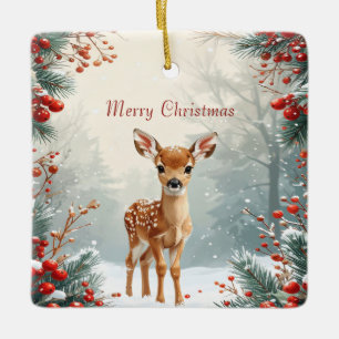 Süßes Rehkitz in einem schneebedeckten Wald Keramikornament