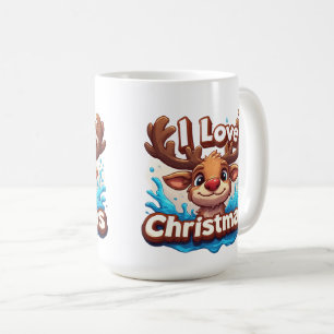 Süßes Rentier-Maskottchen mit 'Ich liebe Weihnacht Kaffeetasse