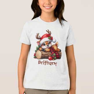 Süßes Rentier ruht auf Baumstamm Winterwald Tri-Blend Shirt