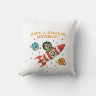 Süßes Retro-Alien im Raketenschiff Stellarer Wel Kissen