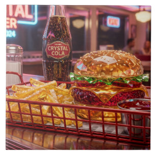 Süßes Retro-Diner   Kristalliner Burger und Pommes Fliese