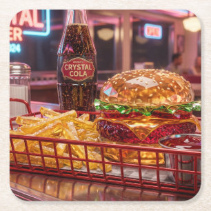 Süßes Retro-Diner Kristalliner Burger und Pommes Rechteckiger Pappuntersetzer