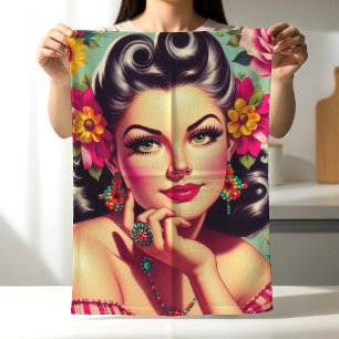 Süßes Retro-Florales Pin-up-Porträt Geschirrtuch