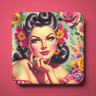 Süßes Retro-Florales Pin-up-Porträt Pappteller