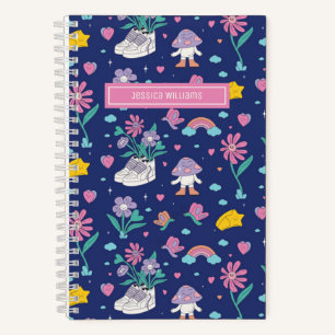 Süßes Retro-Gekritzel-Blumenmuster Mädchenhaftes F Notizbuch